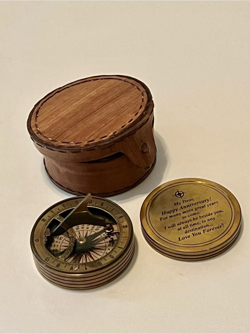 Vintage Style Brass Sundial Compass Engraved My Dear Happy Anniversary Gift